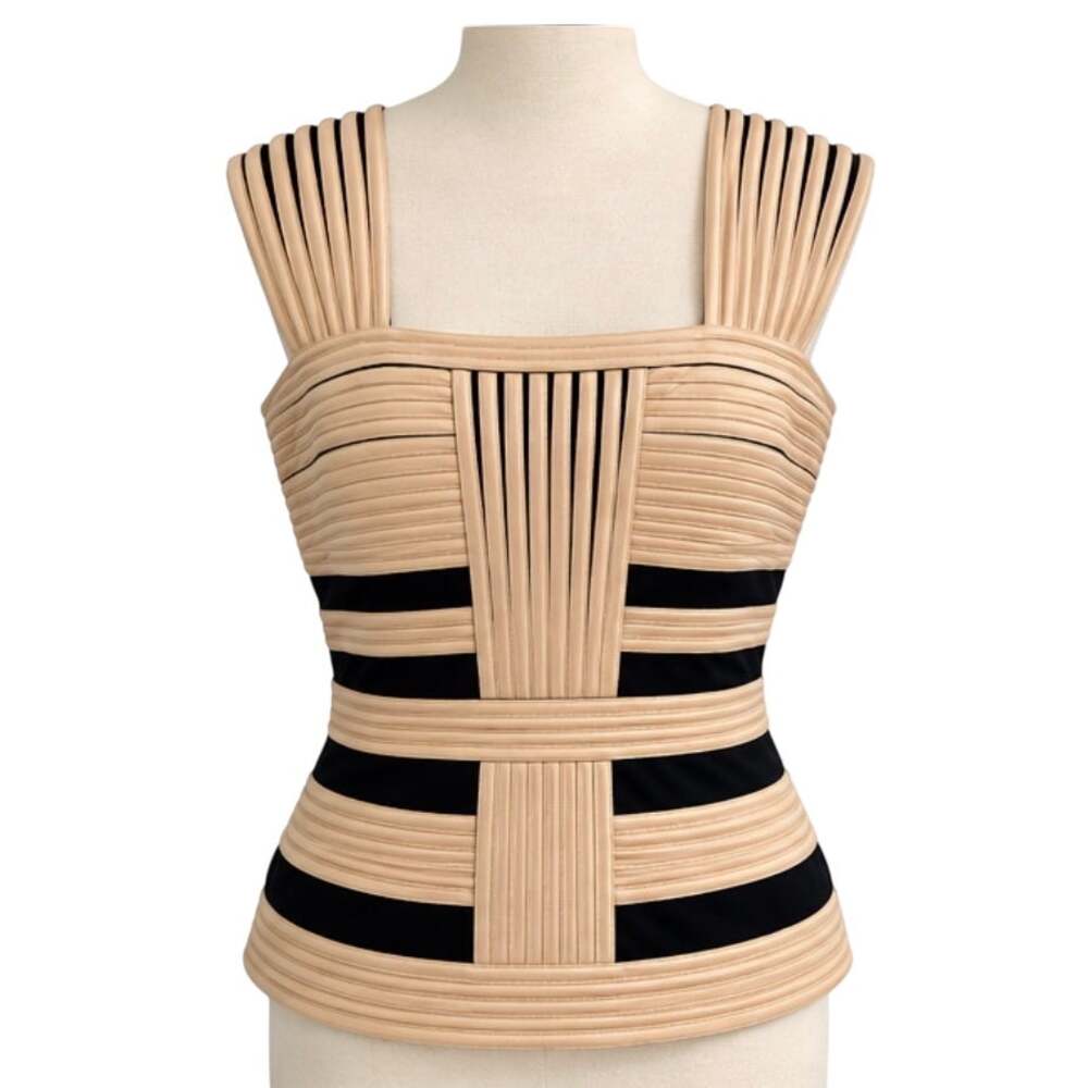 Cartise Structured Pleated Banded Sleeveless Corset Top, Beige Black, Size 10